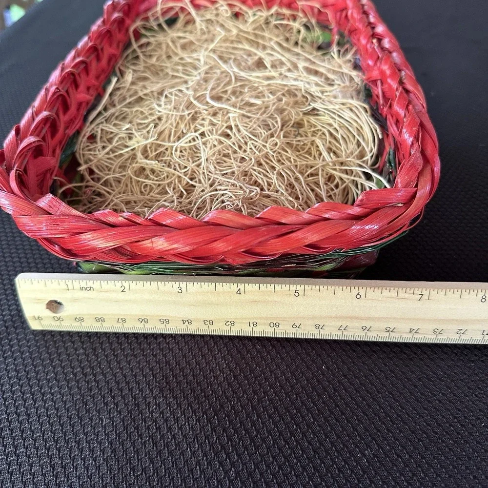 Wicker Holiday Basket Green Red with Straw Grass 12